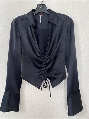 Free People Black Ruched Drawstring V-Neck Blouse